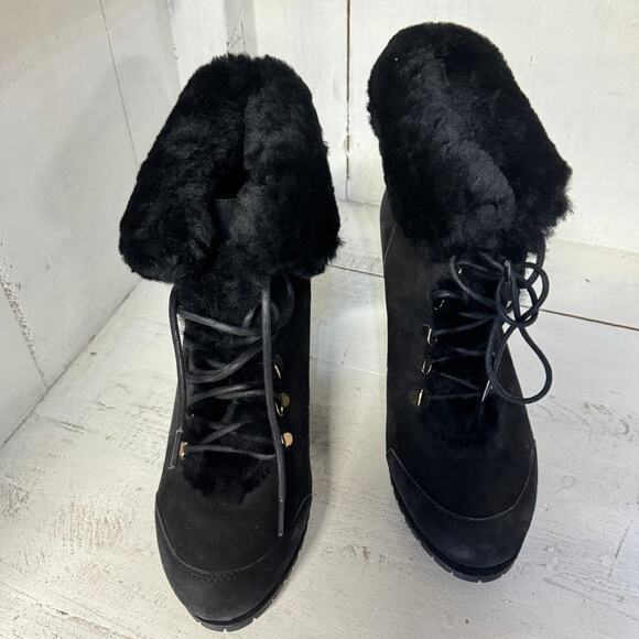 NWT L.K. Bennett Cecily Suede Shearling Ankle Wedge Boots Black Women's 38.5 - Picture 3 of 9